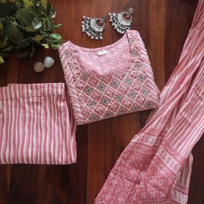 Onion Pink Breathable Relaxing Fit Cotton Suit (3 piece)