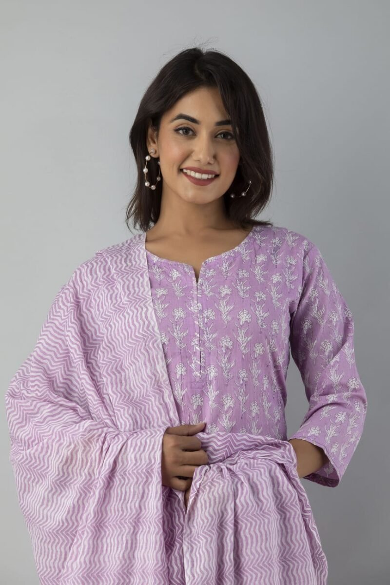 Floral Lilac Breathable Relaxing Fit Cotton Suit (3 piece) - Image 7