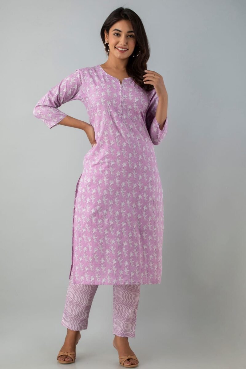 Floral Lilac Breathable Relaxing Fit Cotton Suit (3 piece) - Image 4