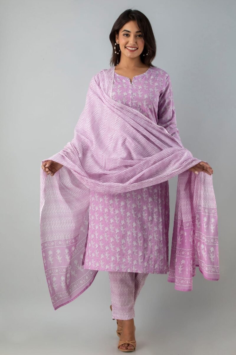 Floral Lilac Breathable Relaxing Fit Cotton Suit (3 piece) - Image 5
