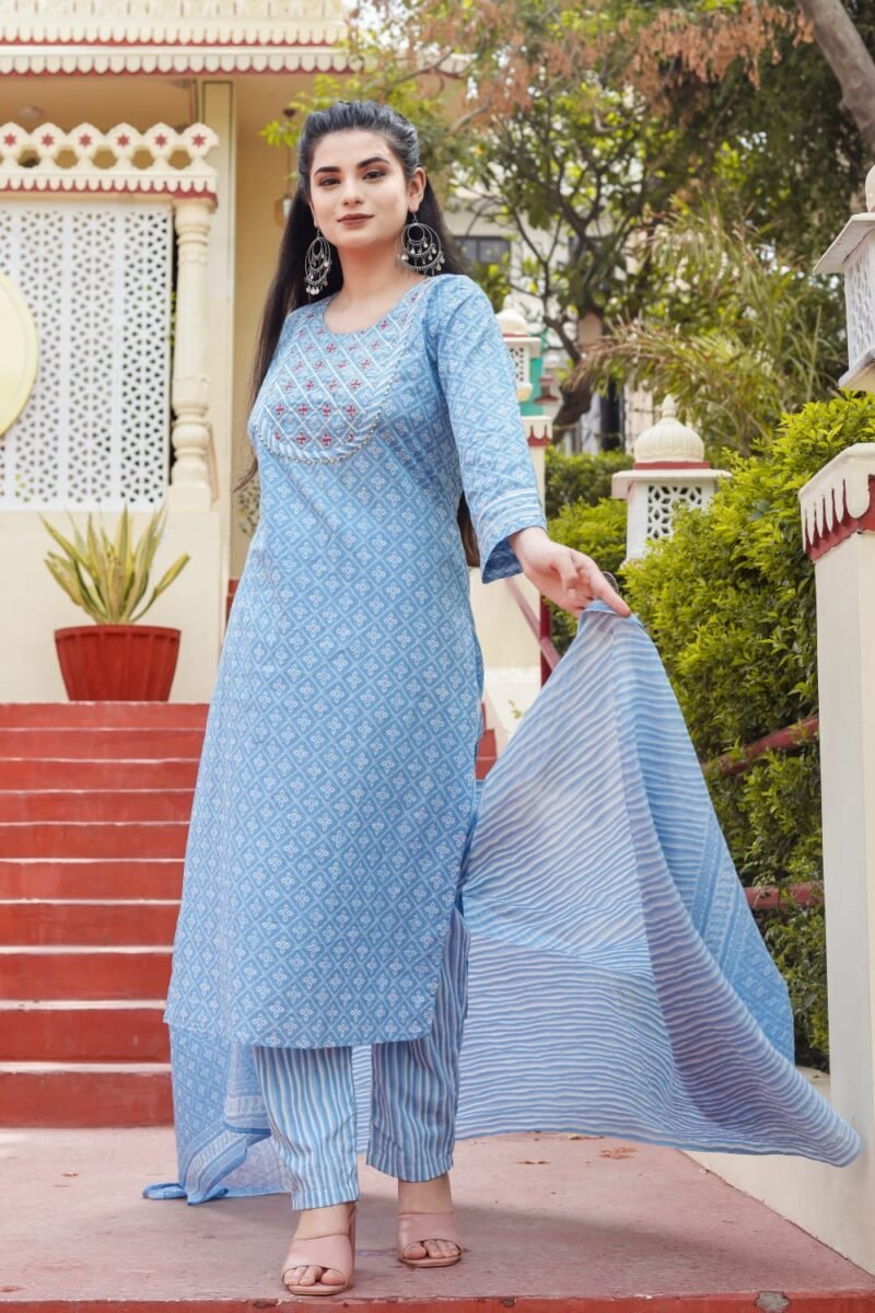 Powder Blue Breathable Relaxing Fit Cotton Suit (3 piece) - Image 4