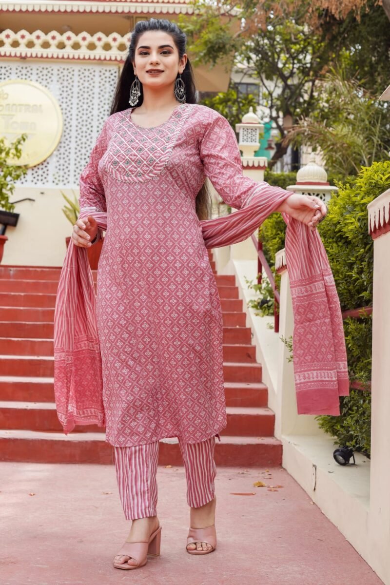 Onion Pink Breathable Relaxing Fit Cotton Suit (3 piece) - Image 3
