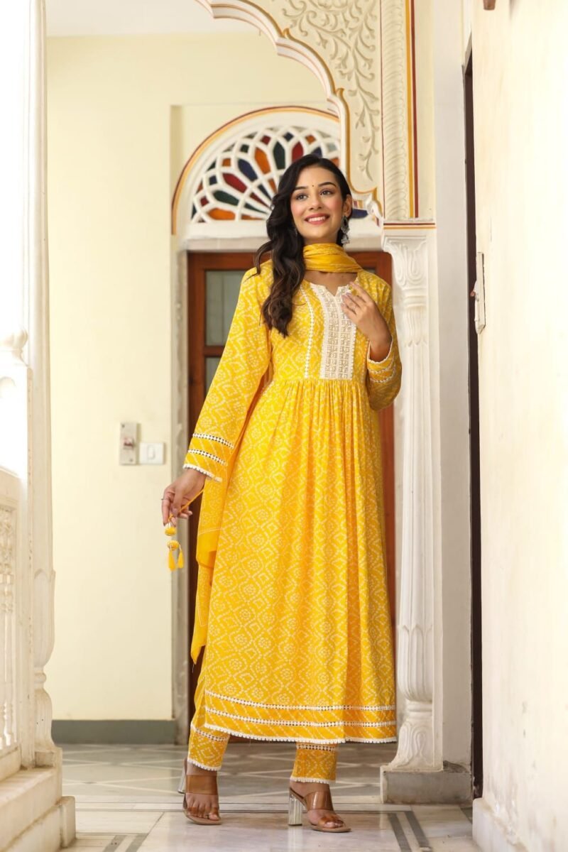 SALE: Gold Yellow Bandhej Romance Suit (3 piece) - Image 2