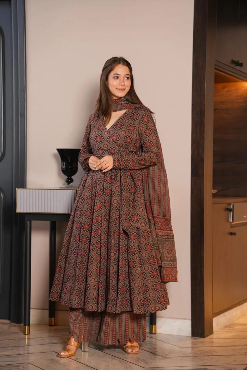 Brown ajrakh print cotton suit set - Image 2
