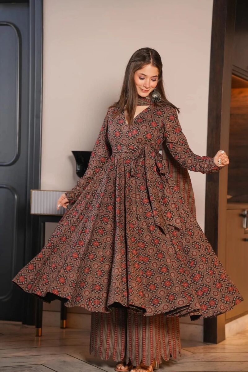 Brown ajrakh print cotton suit set - Image 3