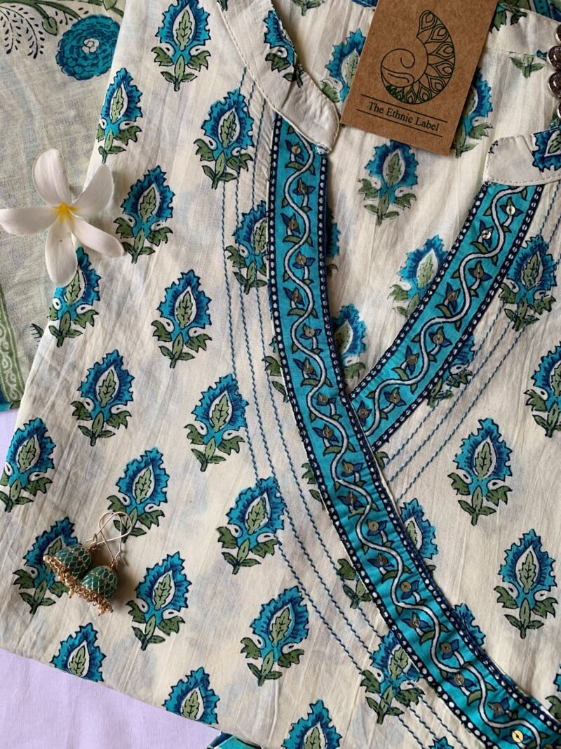 Firozi Boota Angrakha Cotton Kurta Set with dupatta - 3 pc - Image 4