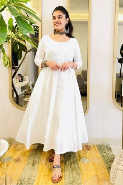 WHITE EMBROIDERED ANARKALI MAXI DRESS