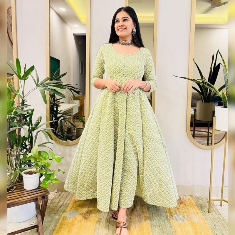 GREEN EMBROIDERED ANARKALI MAXI DRESS - Image 3